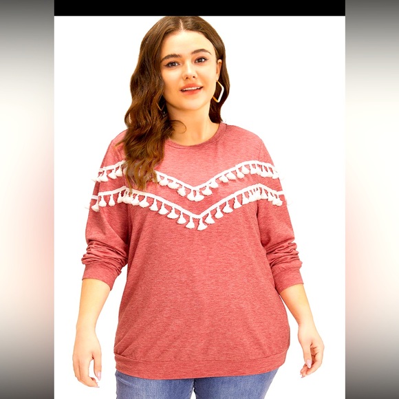 NWT BloomChic “ELLE” crew neck tassel Heather trim dusty rose sweatshirt Sz 1x - Picture 1 of 9